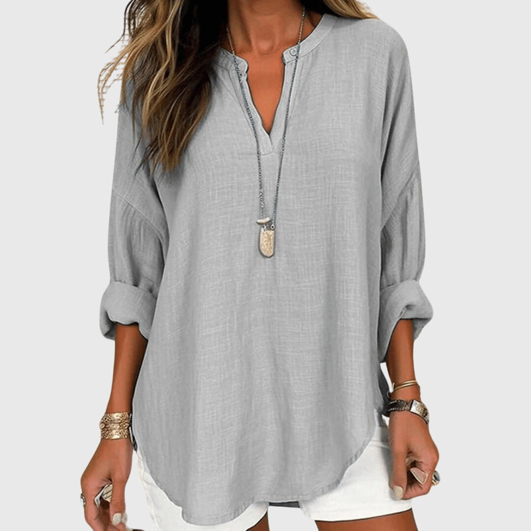 Camisa feminina fluida manga longa gola redonda corte relaxado