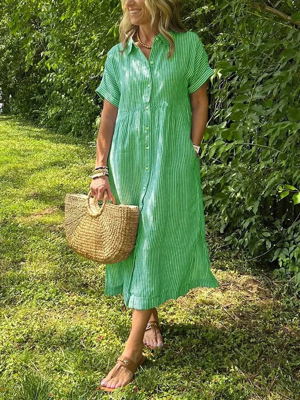 Vestido longo feminino maxi com botões frontais e mangas curtas