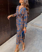 Vestido feminino maxi boho com estampa e decote V nó frontal