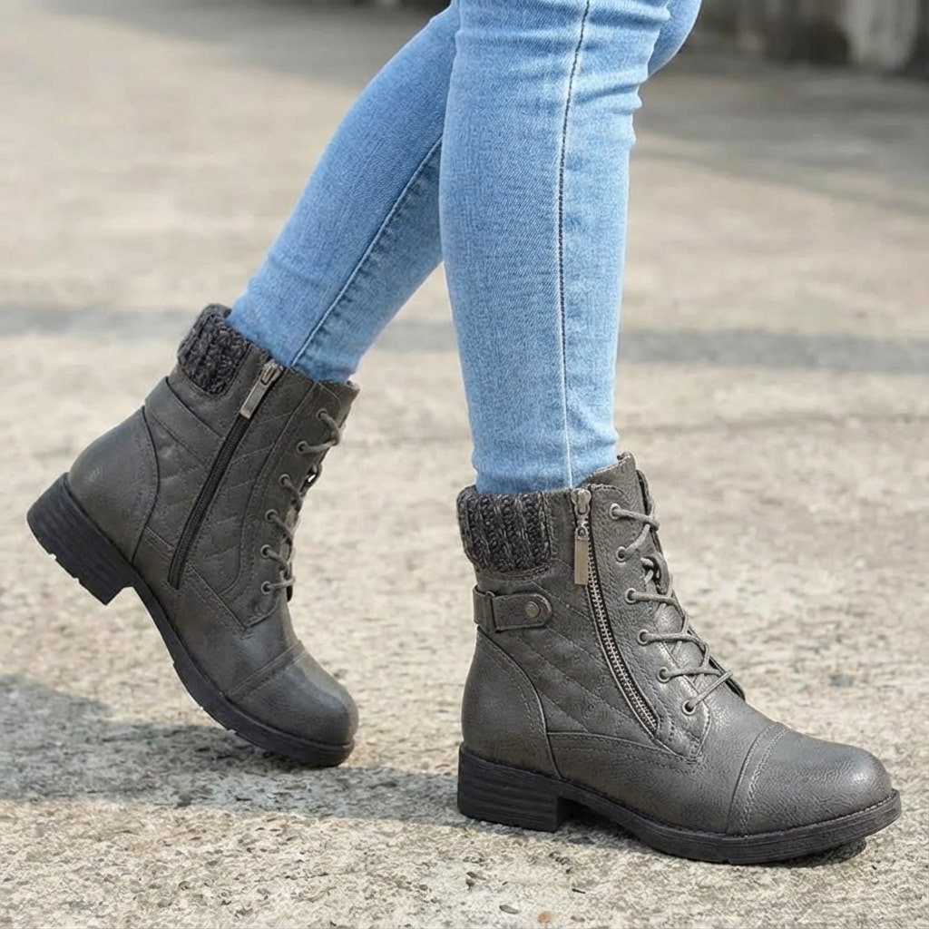 Botins de couro femininos com salto bloco baixo e zíper lateral