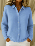 Cardigan feminino de malha grossa com colarinho e fecho de botões