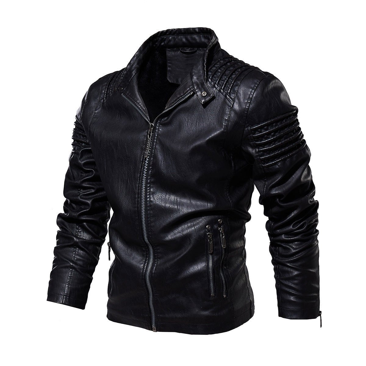 Biker jacket homem couro sintético com ombros estruturados e forro fleece