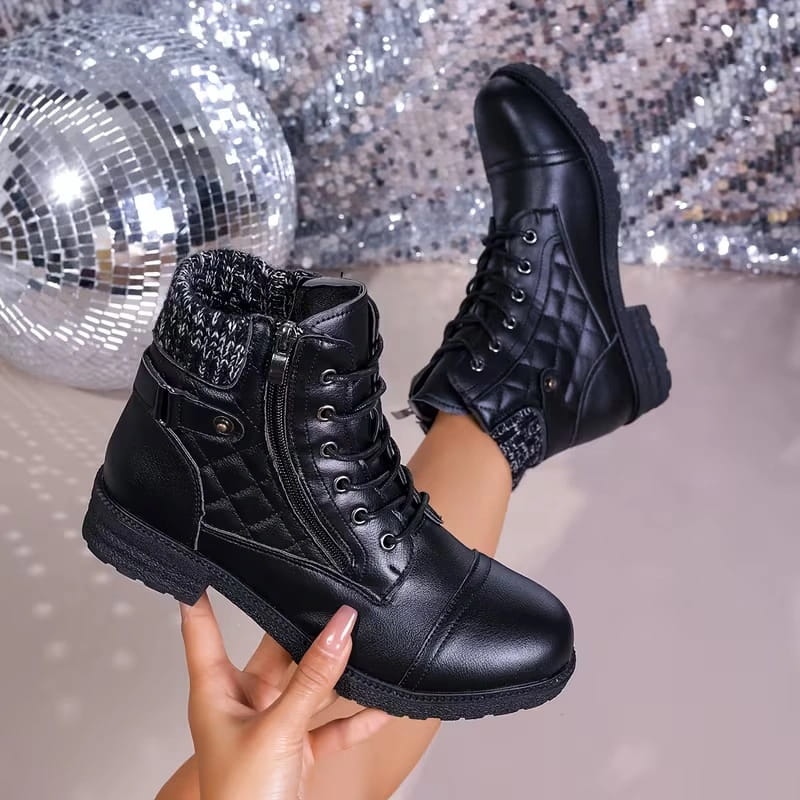 Botins de couro femininos com salto bloco baixo e zíper lateral