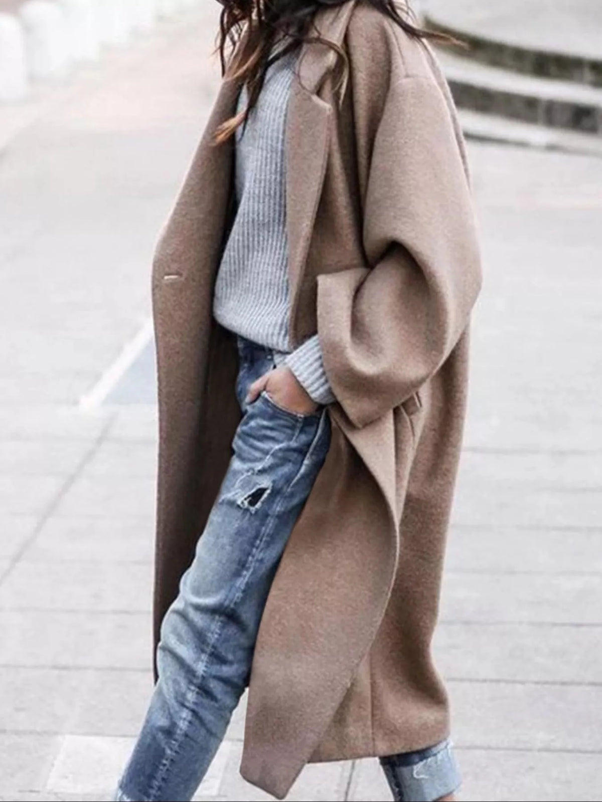Casaco longo feminino oversized de inverno com fecho de botão único