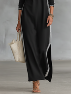 Vestido maxi sweatshirt feminino gola colarinho com acabamento branco minimalista