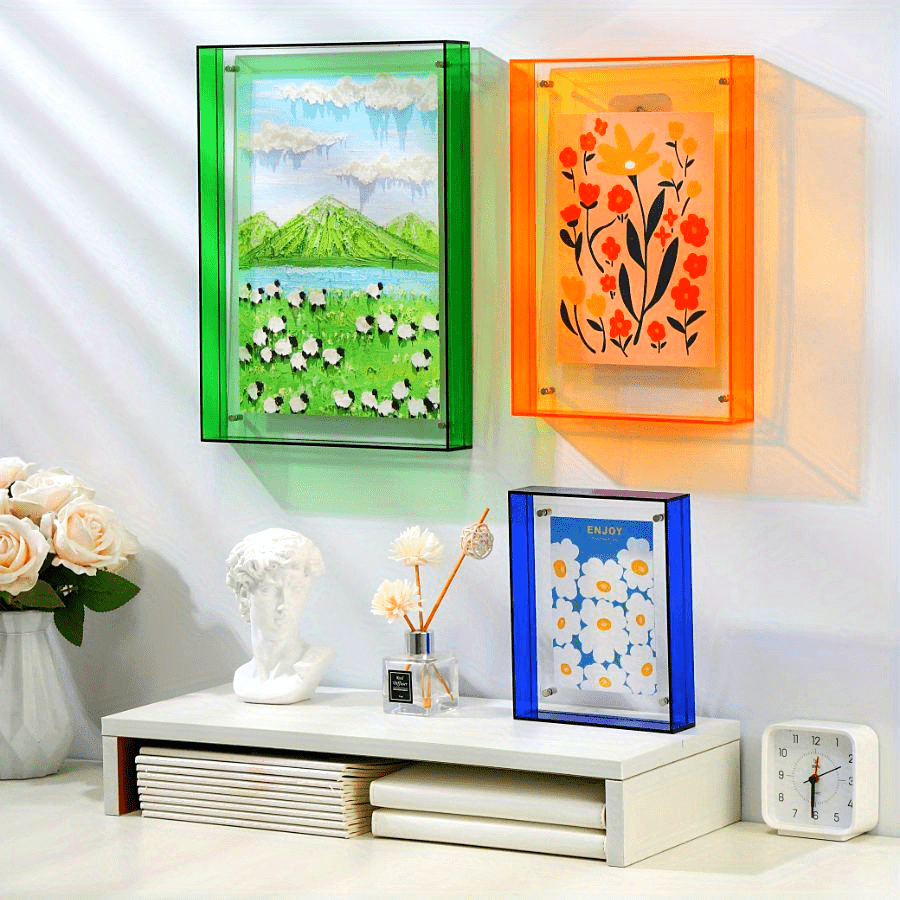 Porta-retratos acrílico vertical transparente dupla face estilo art déco para parede e mesa