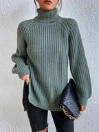 Camisola feminina gola alta canelada com fenda lateral outono inverno
