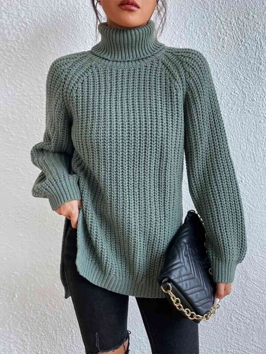 Camisola feminina gola alta canelada com fenda lateral outono inverno