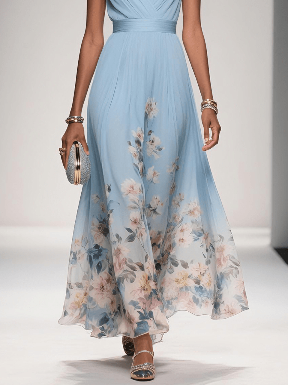 Vestido floral convidada de casamento com decote V e silhueta evasê fluida