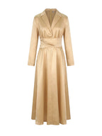 Vestido maxi feminino linha A decote V plissado cintura alta manga longa