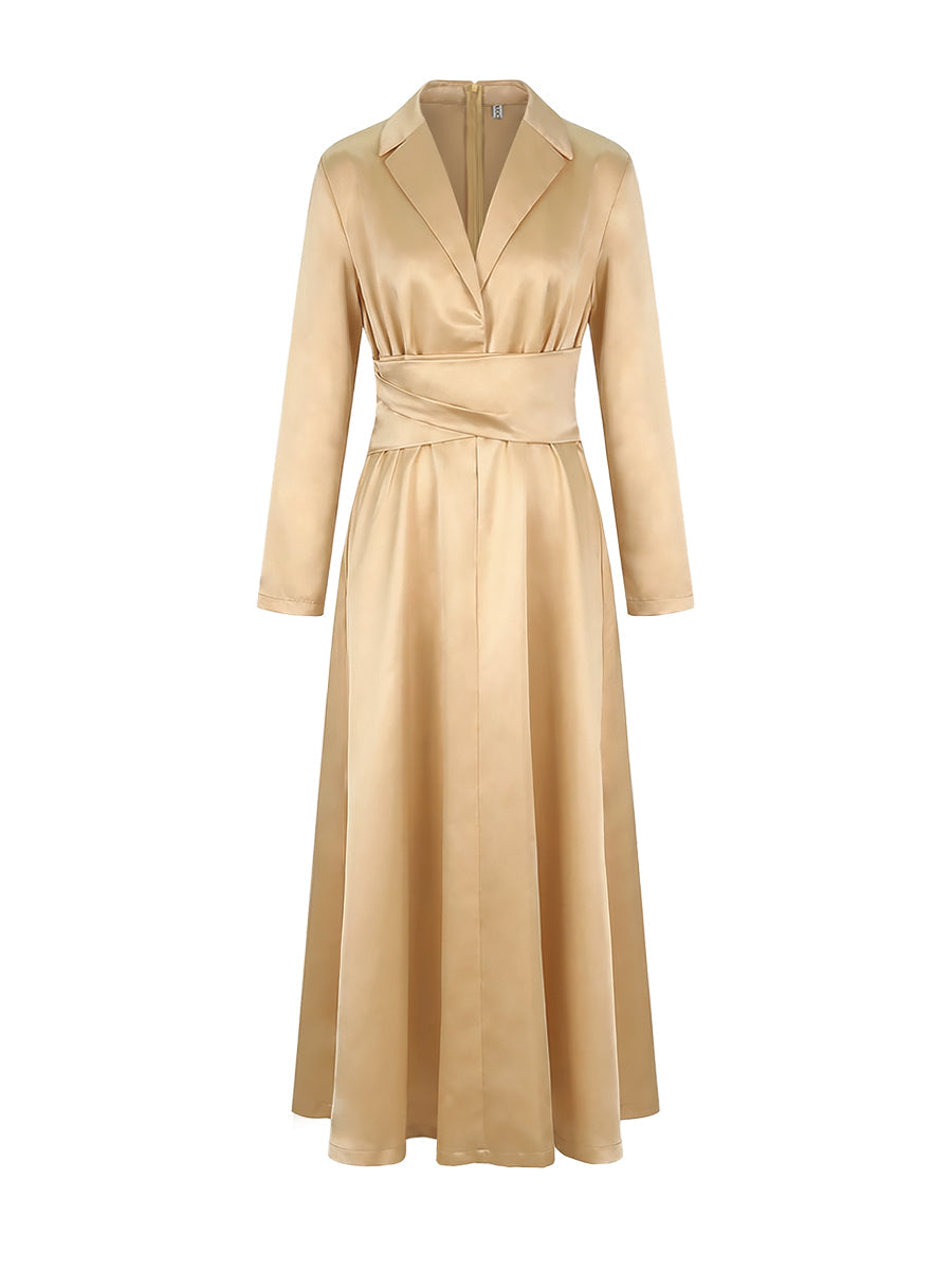 Vestido maxi feminino linha A decote V plissado cintura alta manga longa