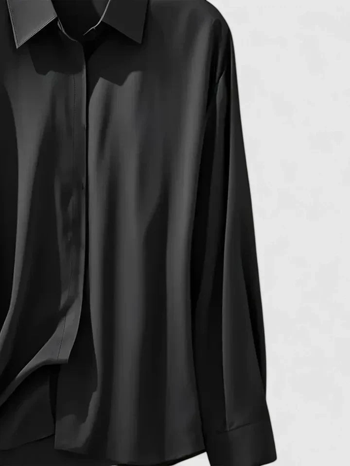 Blusa feminina de cetim com botões manga comprida silhueta fluida