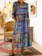 Vestido jeans feminino com patchwork étnico corte solto