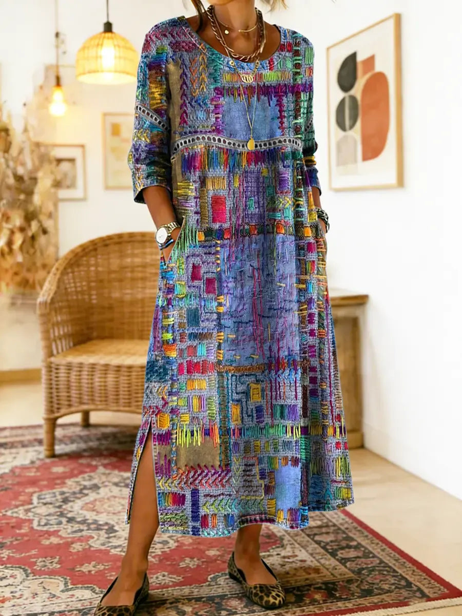Vestido jeans feminino com patchwork étnico corte solto
