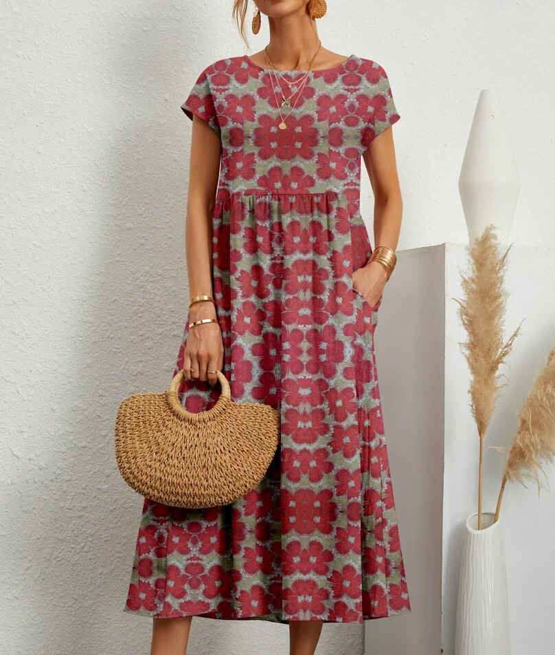 Jurk de Verão com Estampa Floral | Corte A, Manga Curta