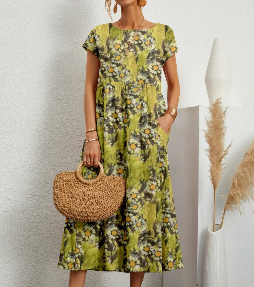 Jurk de Verão com Estampa Floral | Corte A, Manga Curta