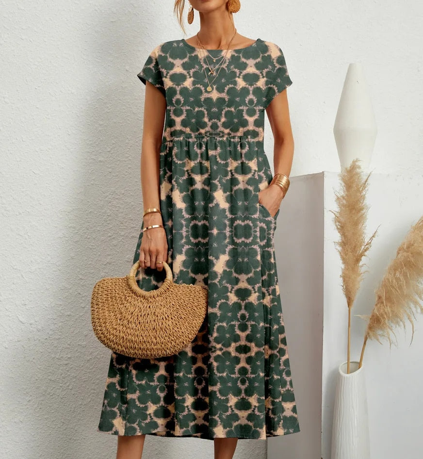 Jurk de Verão com Estampa Floral | Corte A, Manga Curta