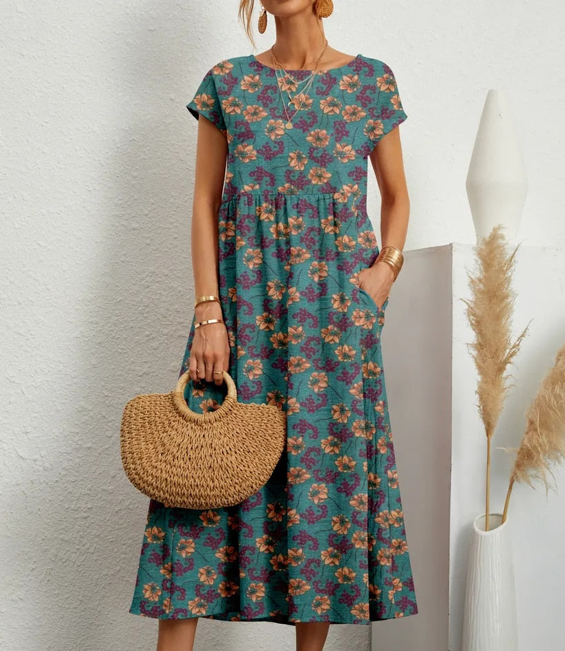 Jurk de Verão com Estampa Floral | Corte A, Manga Curta