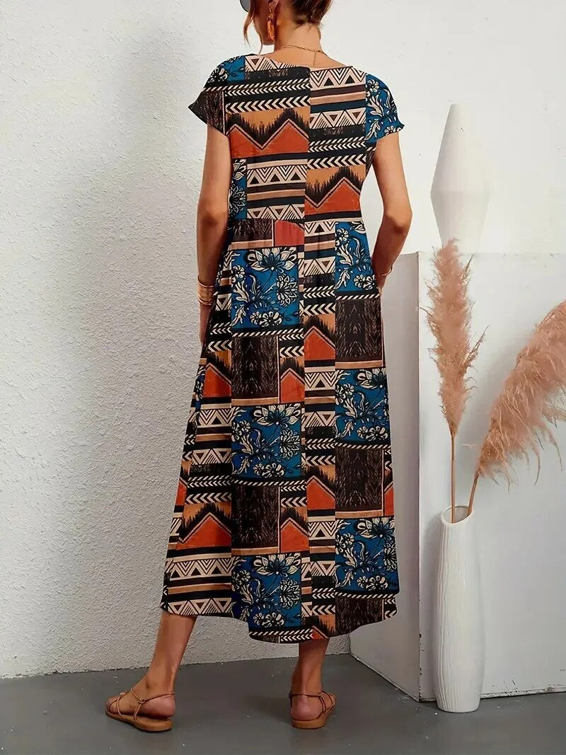 Jurk de Verão com Estampa Floral | Corte A, Manga Curta