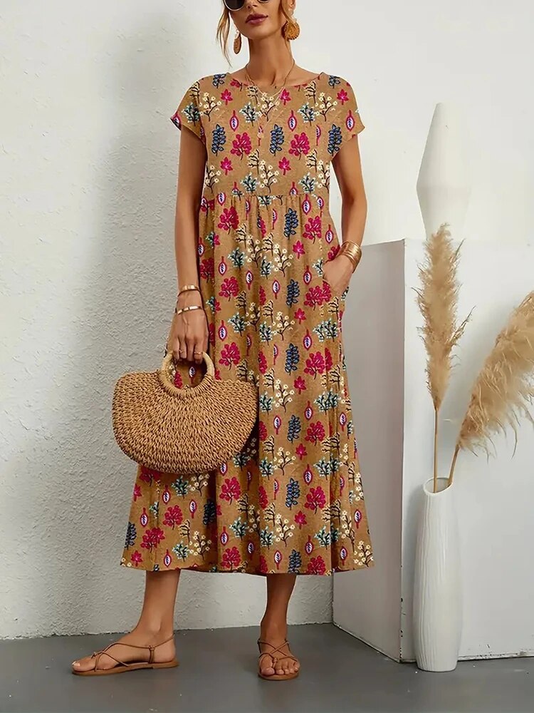 Jurk de Verão com Estampa Floral | Corte A, Manga Curta