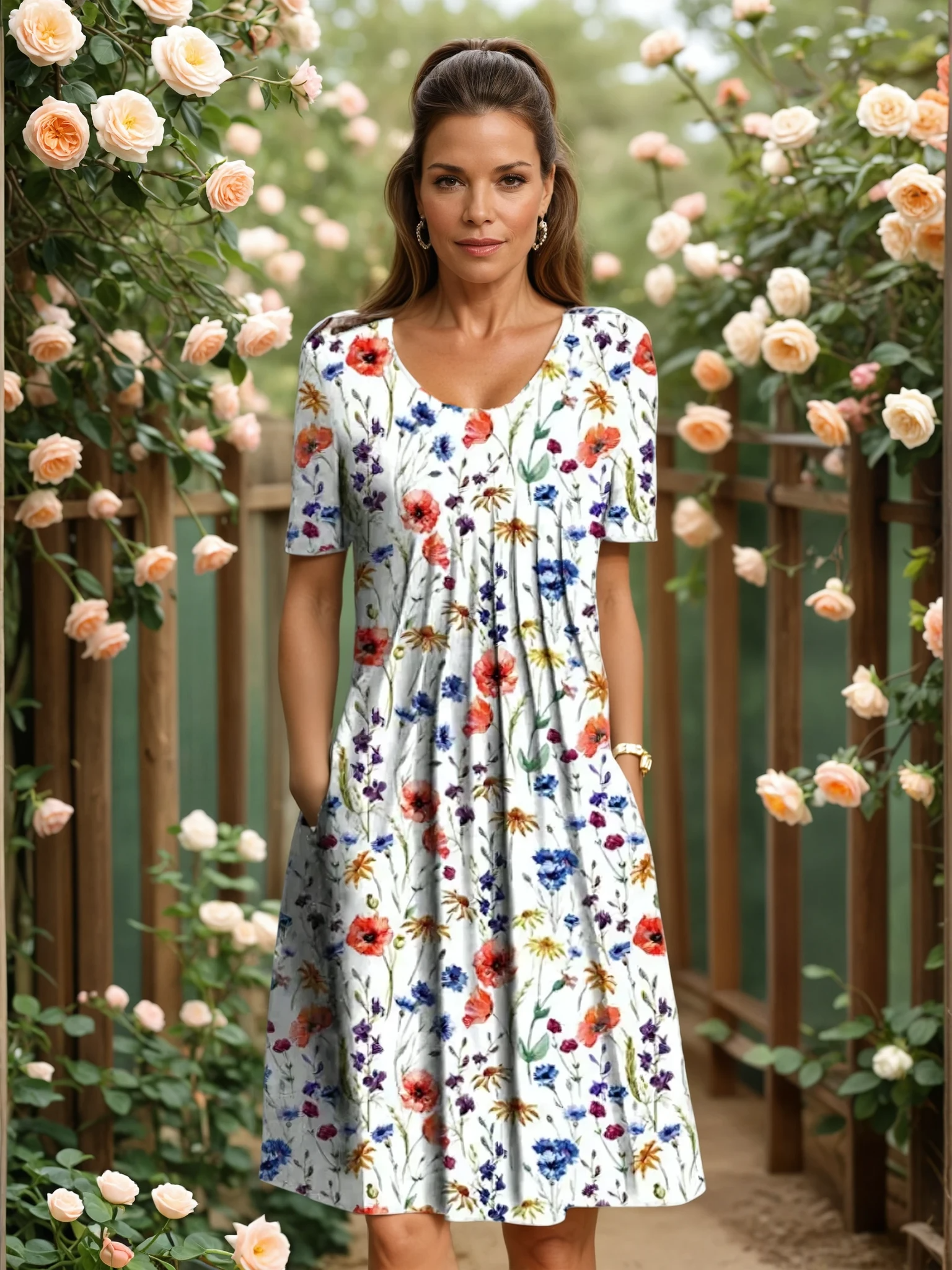 Vestido Midi Feminino | Estampa Floral, Decote V, Corte A