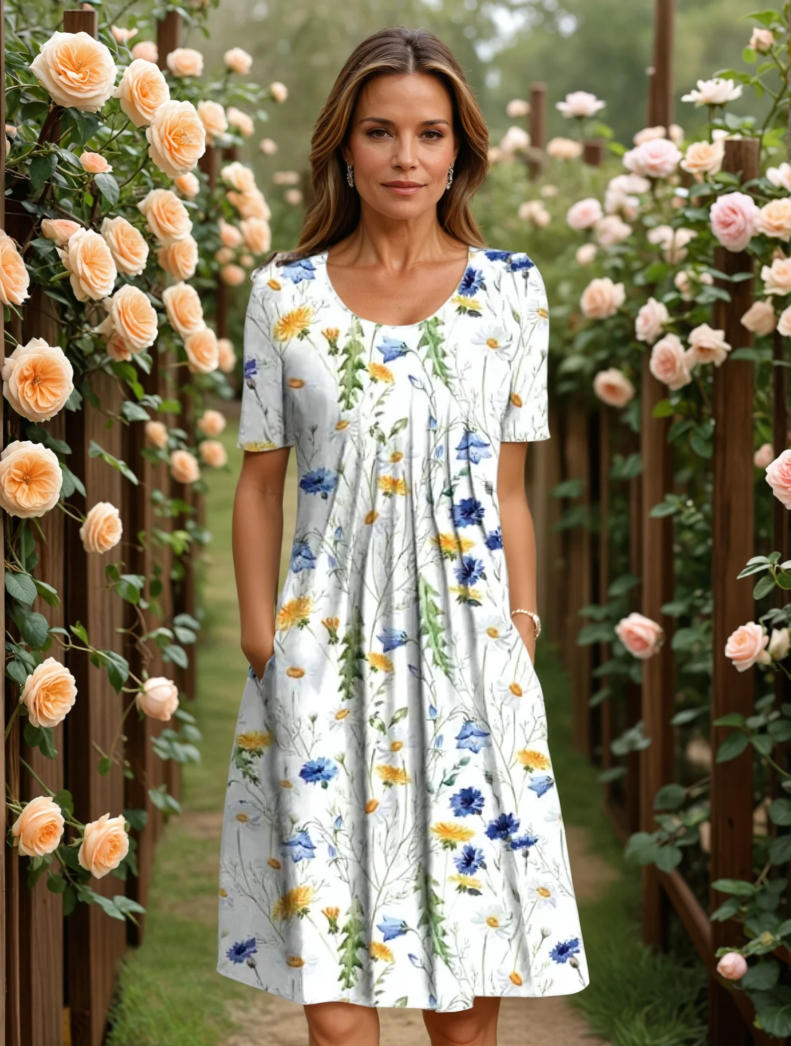 Vestido Midi Feminino | Estampa Floral, Decote V, Corte A