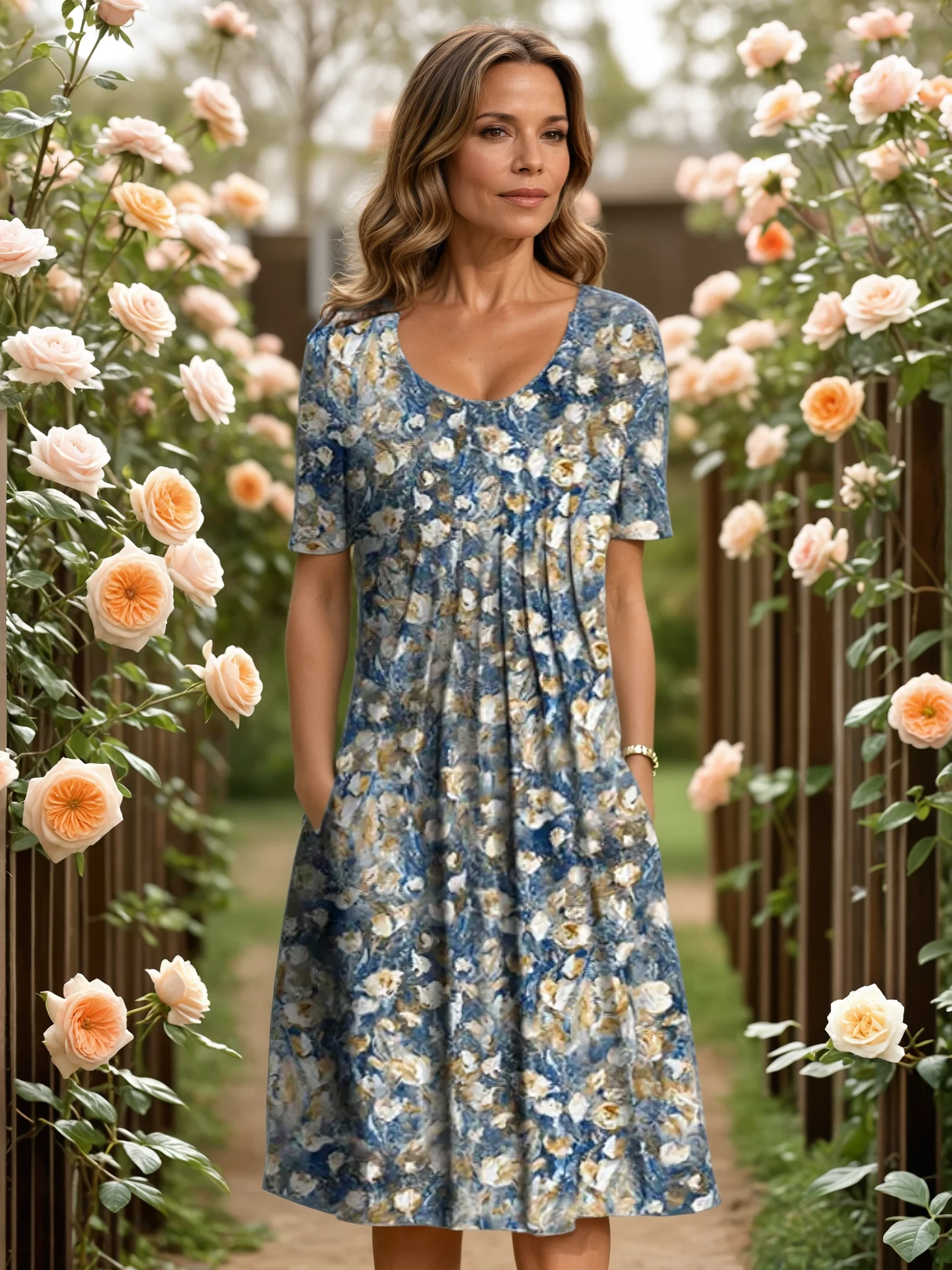 Vestido Midi Feminino | Estampa Floral, Decote V, Corte A