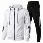 Conjunto agasalho masculino capuz zip e calças jogging com riscas contrastantes