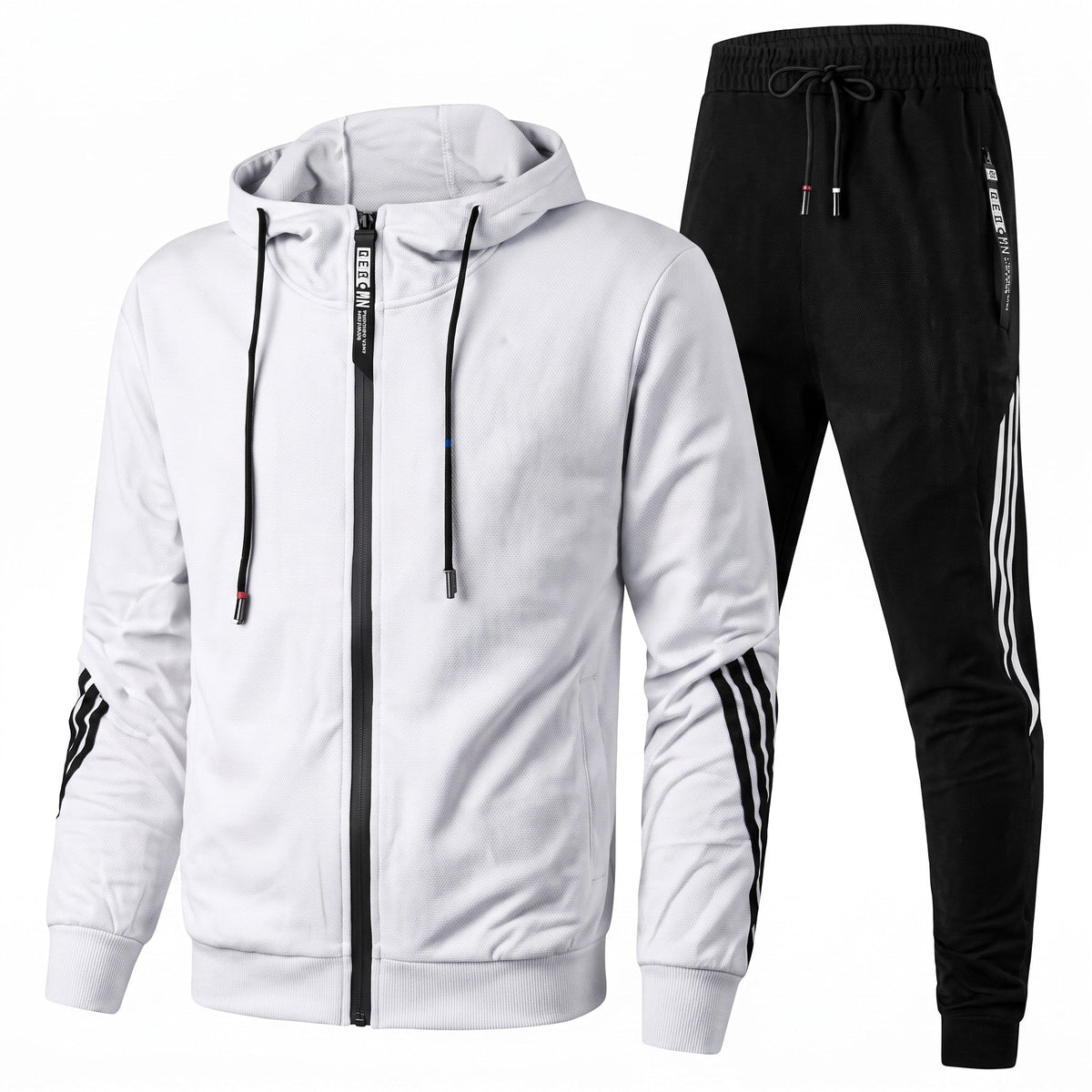 Conjunto agasalho masculino capuz zip e calças jogging com riscas contrastantes
