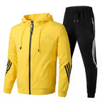 Conjunto agasalho masculino capuz zip e calças jogging com riscas contrastantes