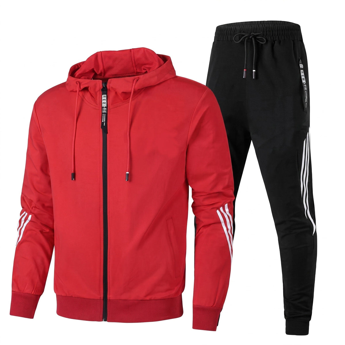 Conjunto agasalho masculino capuz zip e calças jogging com riscas contrastantes