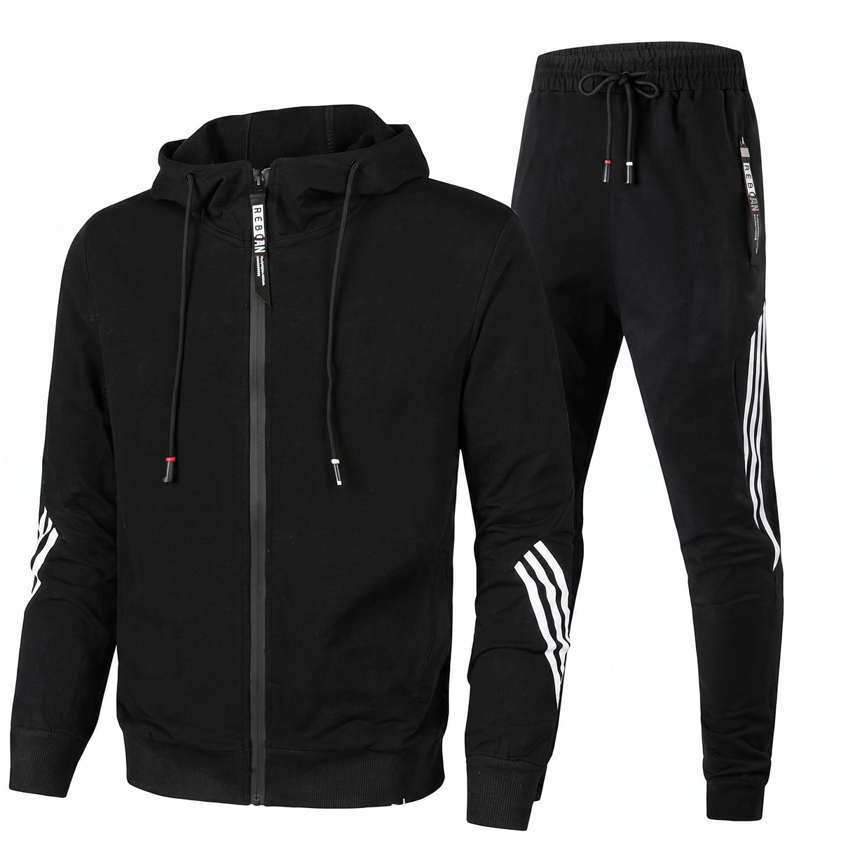 Conjunto agasalho masculino capuz zip e calças jogging com riscas contrastantes