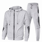 Conjunto agasalho masculino capuz zip e calças jogging com riscas contrastantes