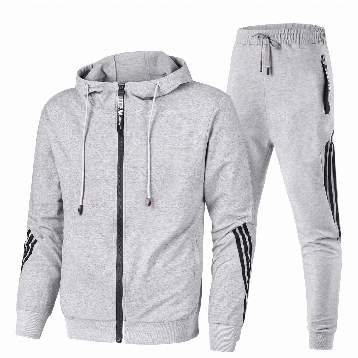 Conjunto agasalho masculino capuz zip e calças jogging com riscas contrastantes