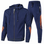 Conjunto agasalho masculino capuz zip e calças jogging com riscas contrastantes