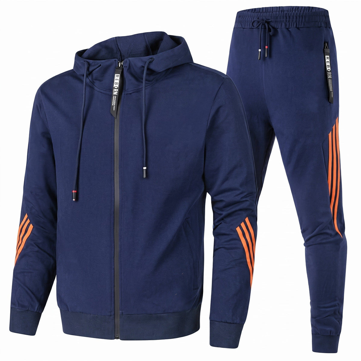 Conjunto agasalho masculino capuz zip e calças jogging com riscas contrastantes