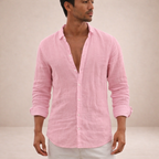 Camisa de linho homem casual manga longa corte direito