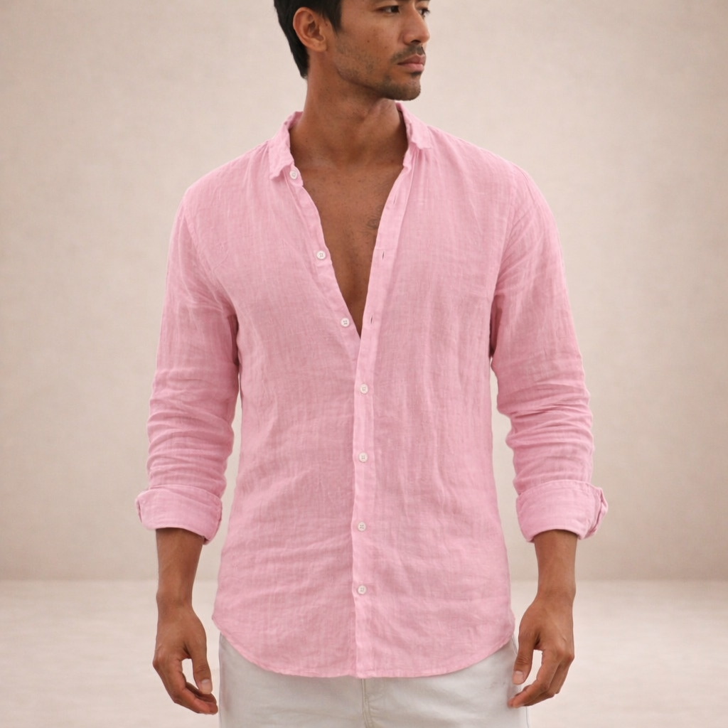 Camisa de linho homem casual manga longa corte direito