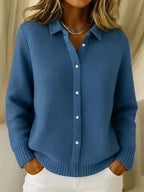 Cardigan feminino de malha grossa com colarinho e fecho de botões