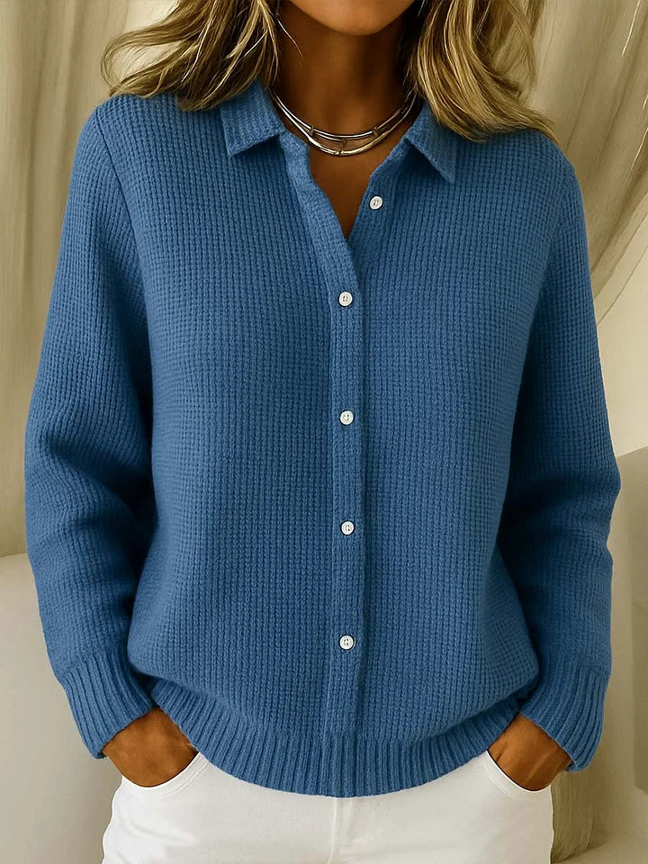 Cardigan feminino de malha grossa com colarinho e fecho de botões