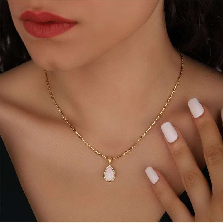 Colar pingente opala natural 18K em forma de gota, ouro minimalista elegante