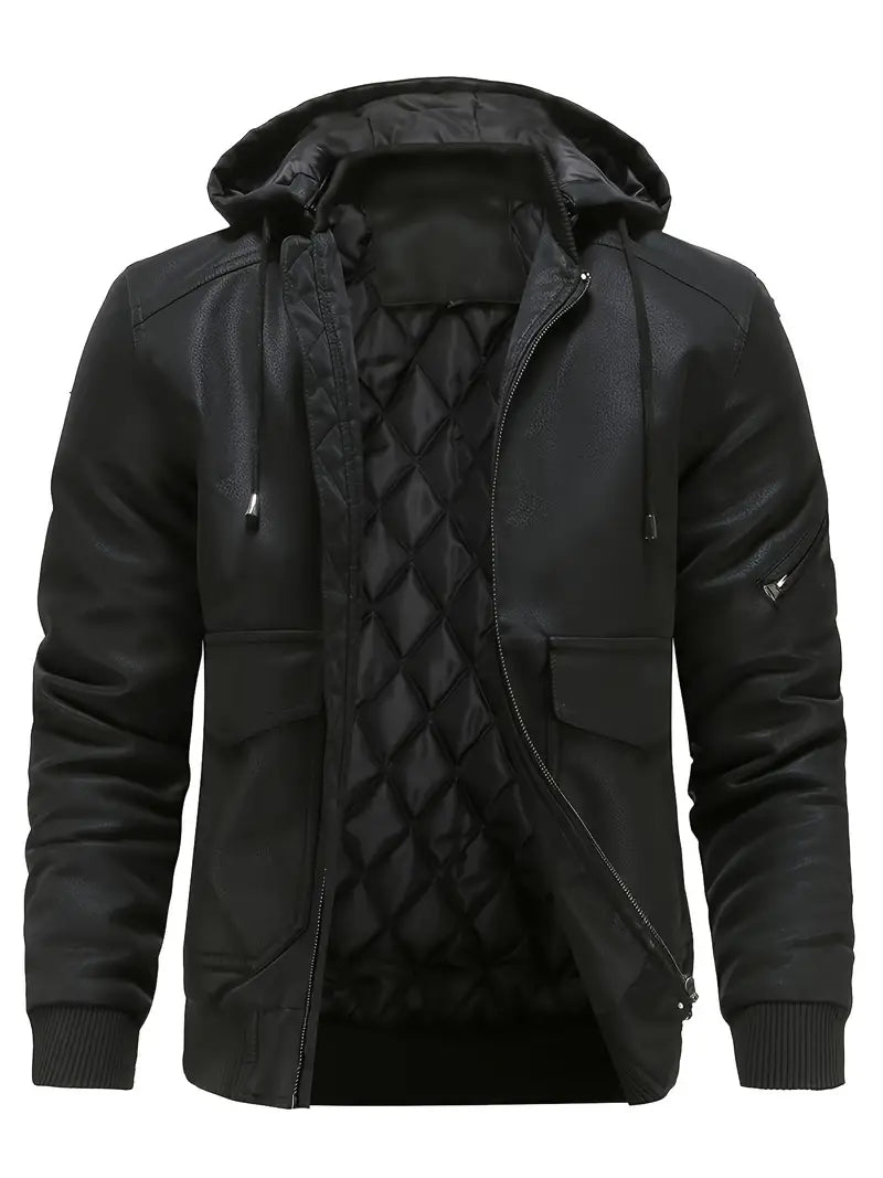 Jaqueta de couro masculina com capuz e isolamento térmico para inverno