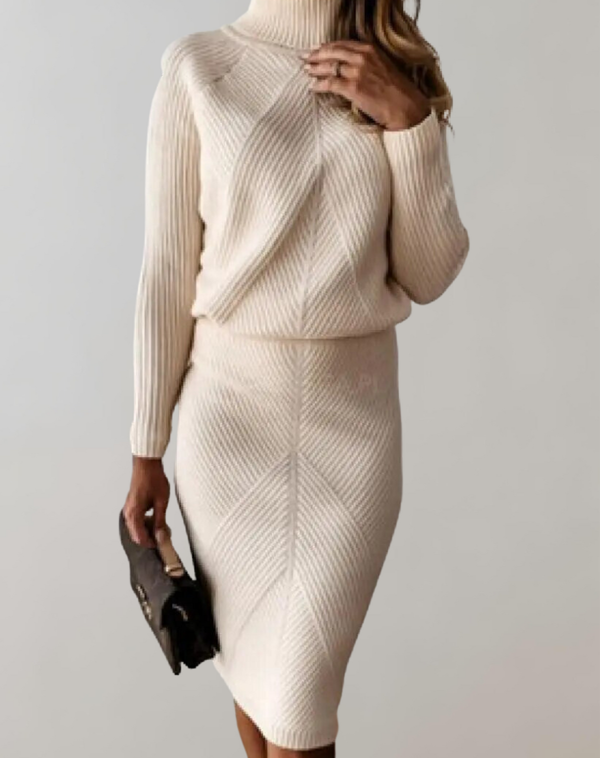 Conjunto feminino tricot gola alta com saia slim, malha premium outono inverno