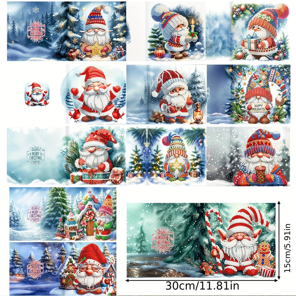 Cartões de Natal DIY 5D Diamond Painting com envelopes, designs de Pai Natal multicoloridos, conjunto 12 peças