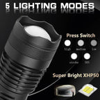 Lanterna LED poderosa 90000 lúmens XHP50 com zoom telescópico e carregamento USB
