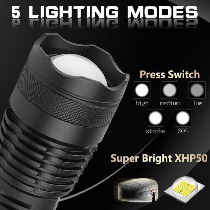 Lanterna LED poderosa 90000 lúmens XHP50 com zoom telescópico e carregamento USB