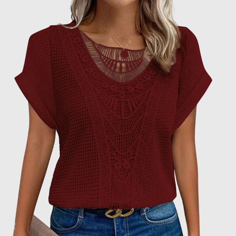 Blusa feminina malha rendada decote redondo mangas curtas