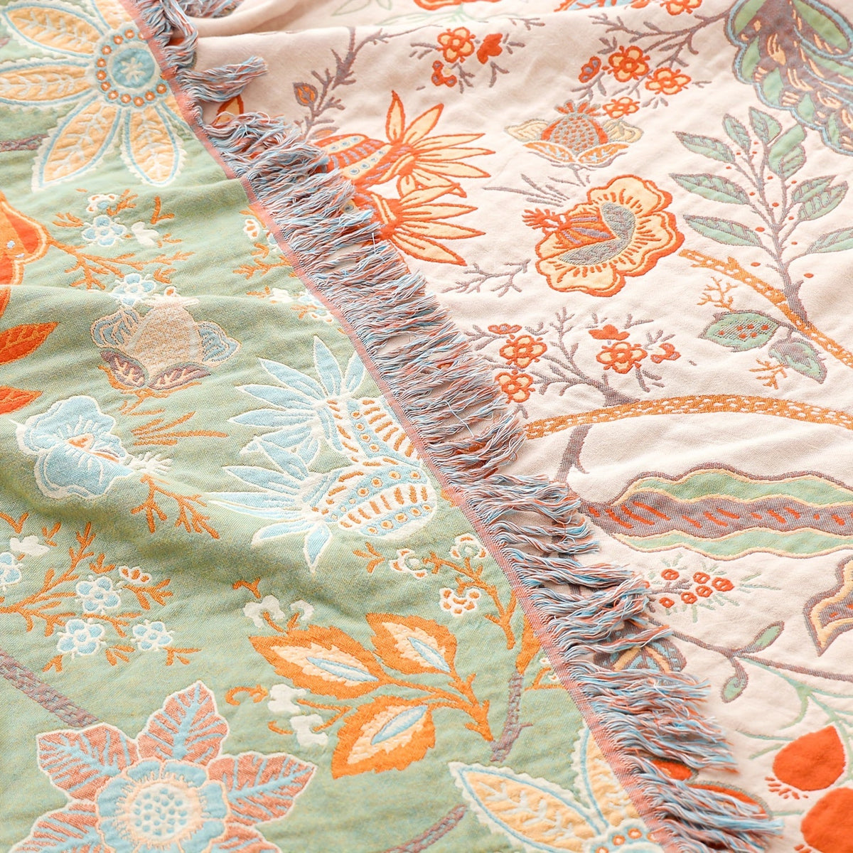 Manta de algodão com borla estilo boémio, padrão floral jacquard 200x230 cm