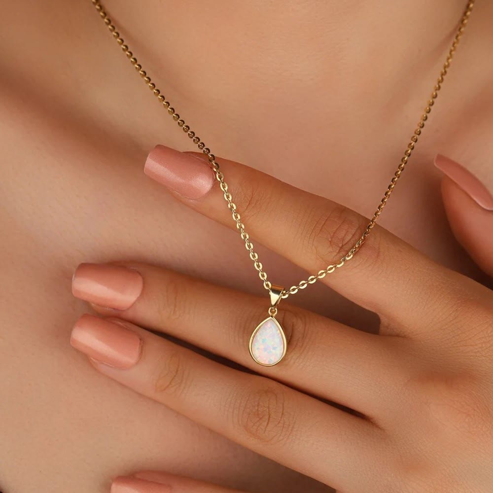 Colar pingente opala natural 18K em forma de gota, ouro minimalista elegante