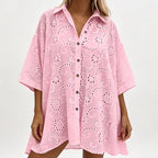 Vestido bordado com botões oversized feminino midi